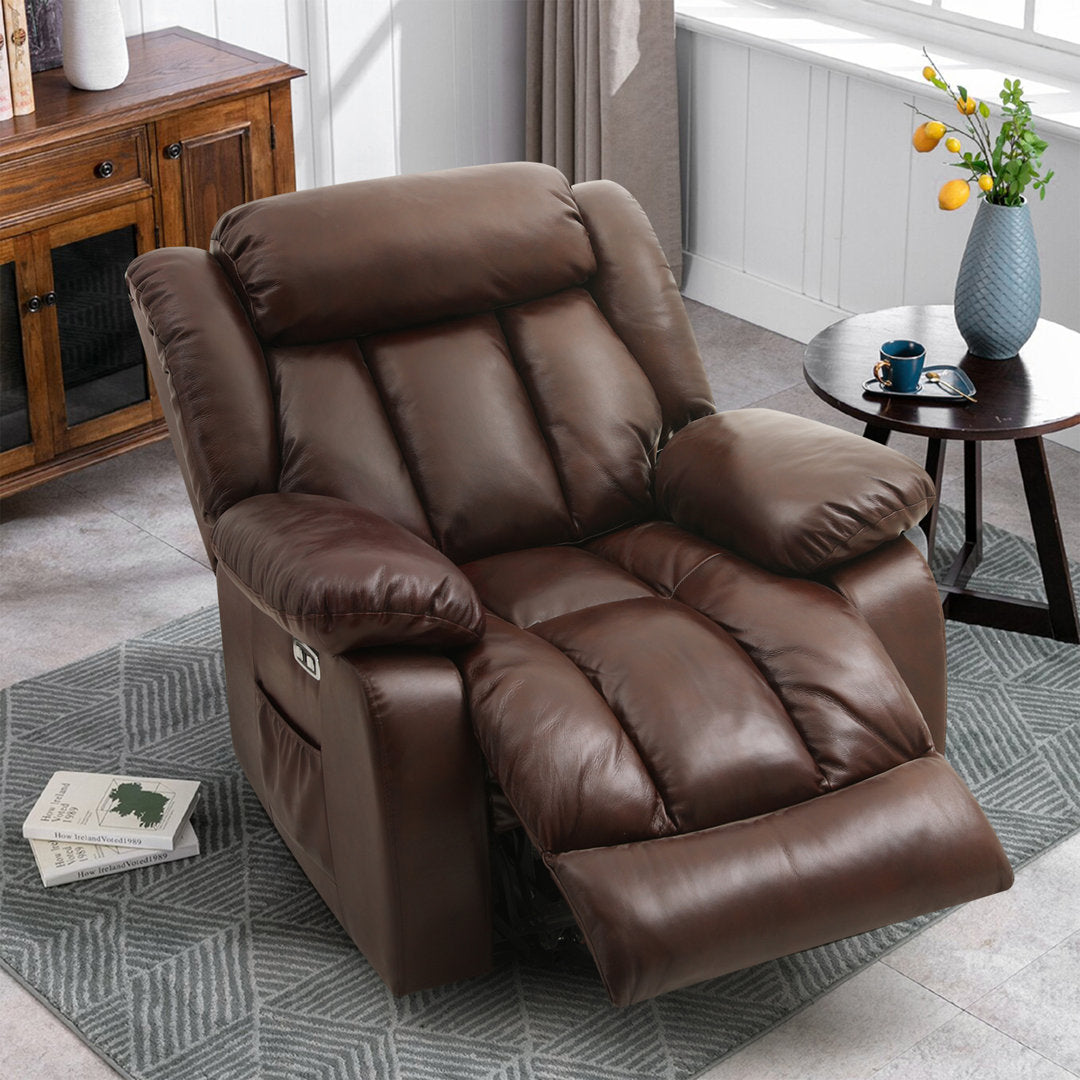 40.1'' Wide Dual Motor Genuine Leather Power Lift Assist Standard Recliner with Massager Latitude Run® Body Fabric: Brown Genuine Leather