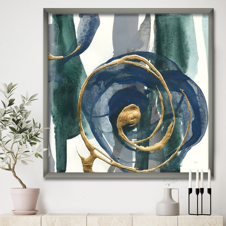 Mettalic Indigo and Gold I - Picture Frame Print on Canvas East Urban Home Size: 46" H x 46" W x 1.5" D Format: Silver Framed