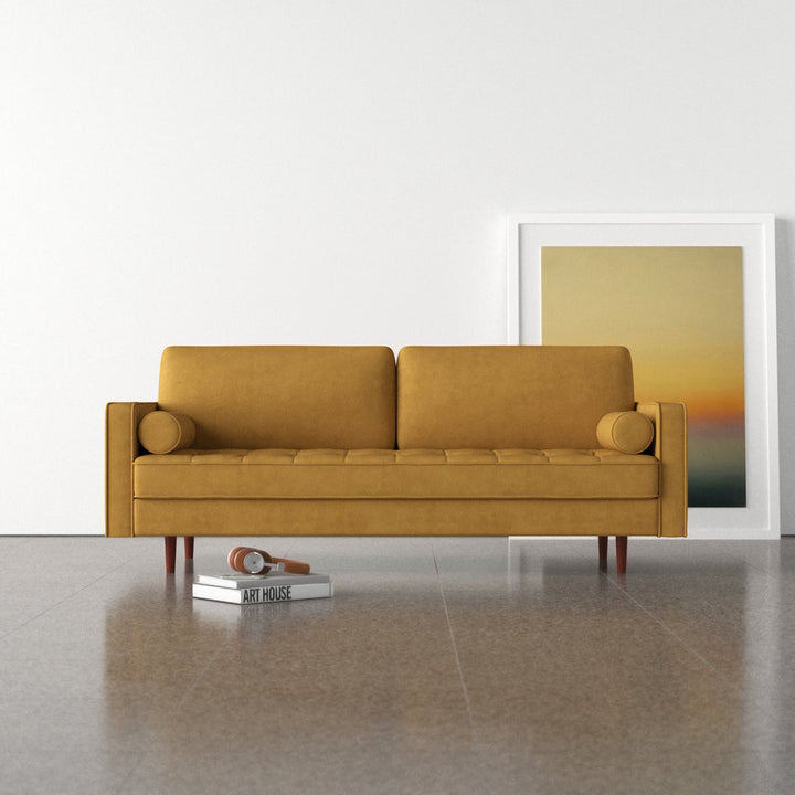 Geo 84" Upholstered Sofa AllModern Fabric: Bella Gold Performance Velvet