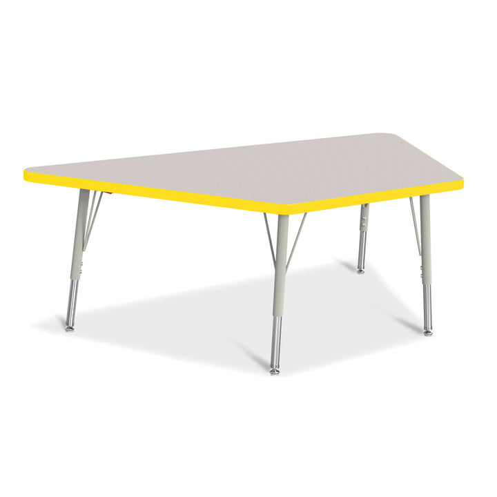 Berries® Trapezoid Activity Tables Jonti-Craft Size: 30" W x 60" D (Elementary size: 15" - 24" H) Side Finish: Freckled Gray with Yellow Rainbow Accent