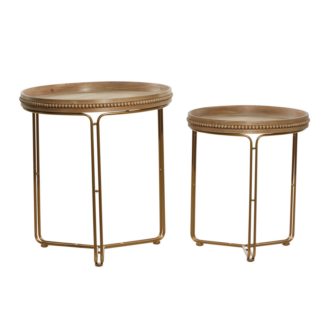 Wooden Round Beaded Nesting Side End Brown Accent Table with Gold Metal Stand Set Dakota Fields