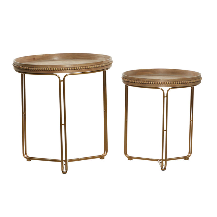 Wooden Round Beaded Nesting Side End Brown Accent Table with Gold Metal Stand Set Dakota Fields