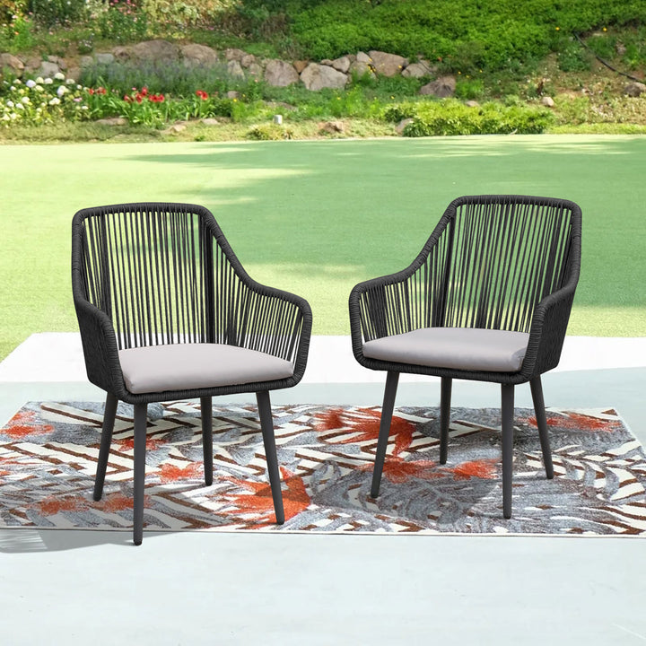 Cassil Patio Dining Armchair with Cushion (Set of 2) Wade Logan® Frame Color/Cushion Color: Black Frame/Light Gray Cushion
