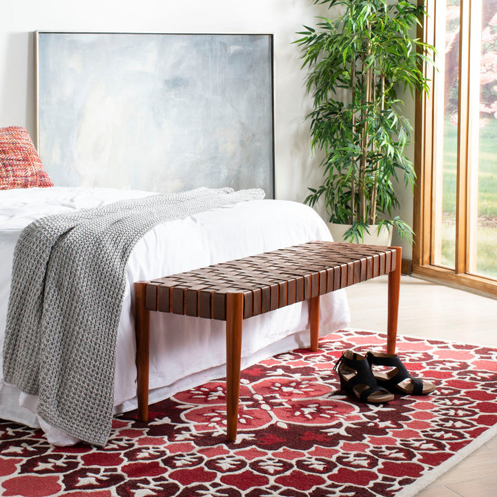 Orin 47" Woven Leather Bench AllModern Color: Dark Brown Frame/Cognac Leather
