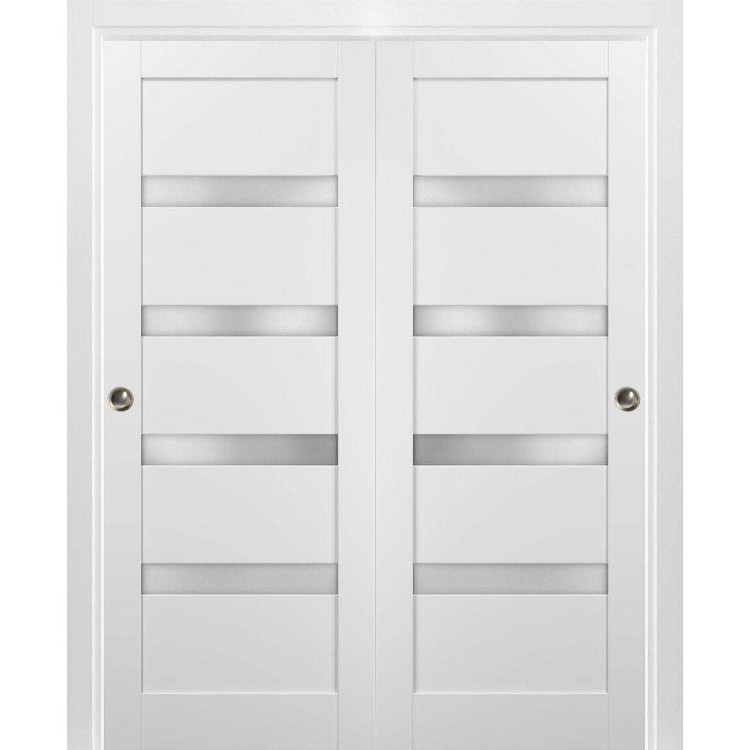 Quadro Frosted Glass Sliding Closet White Doors with Installation Hardware Kit SARTODOORS Size: 56" x 84"