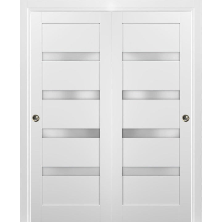 Quadro Frosted Glass Sliding Closet White Doors with Installation Hardware Kit SARTODOORS Size: 56" x 84"