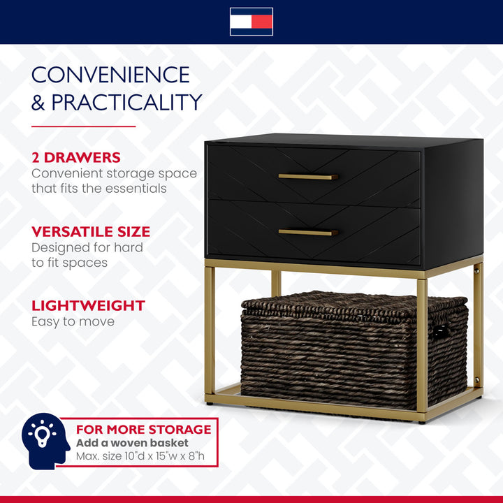 Tommy Hilfiger Ellias Modern Side Table Nightstand with 2 Drawers, Semi Gloss Black & Matte Gold Tommy Hilfiger