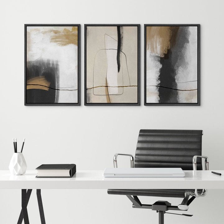 Grunge Abstract Paint Stroke Effect Tan Gray Neutral Organic Modern Pictures Framed Canvas Abstract Living Room Wall Art Painting Print IDEA4WALL Size: 36" H x 72" W Format: Black Plastic Framed