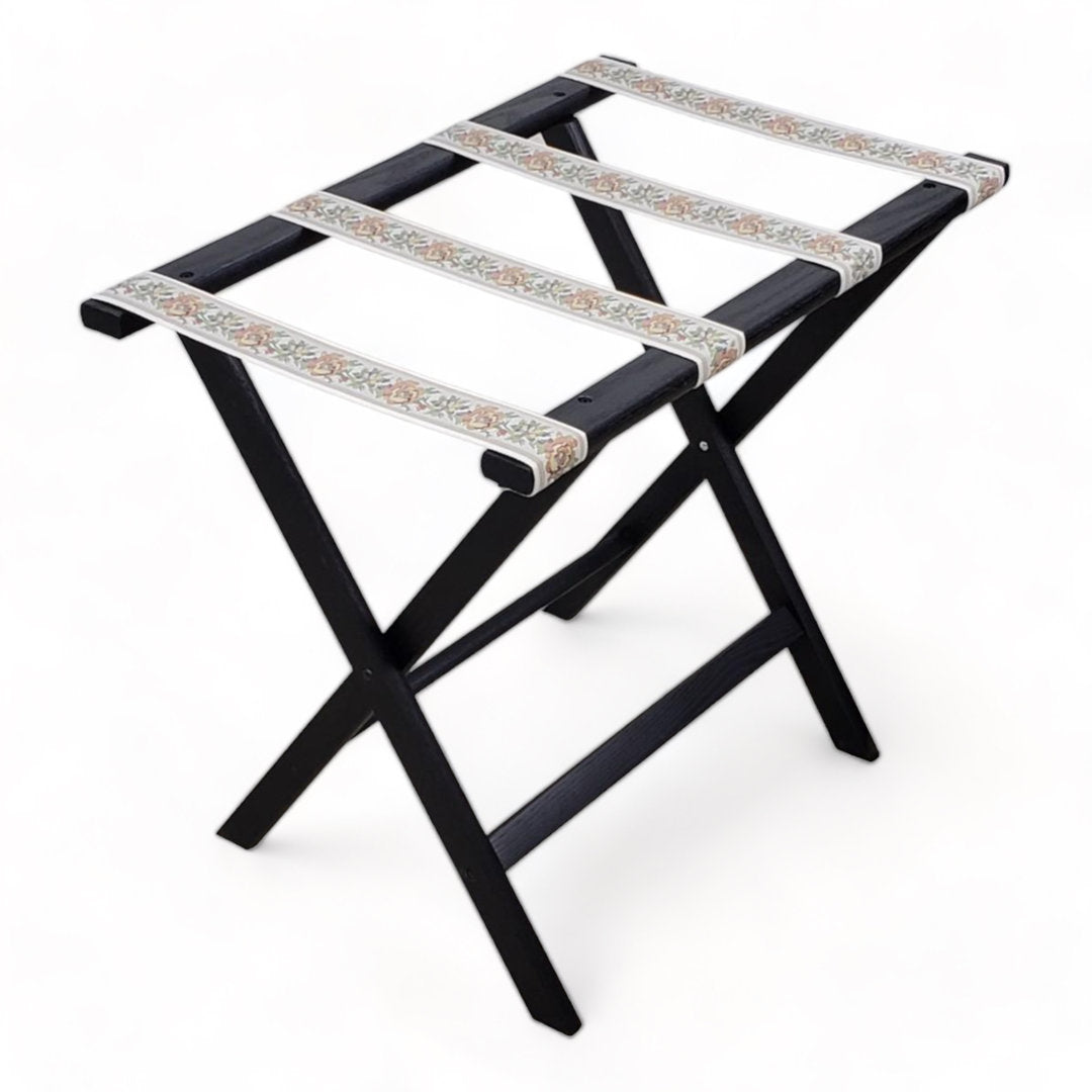 Folding Wood Luggage Rack Wooden Mallet Color: Black Fabric: Tapestry