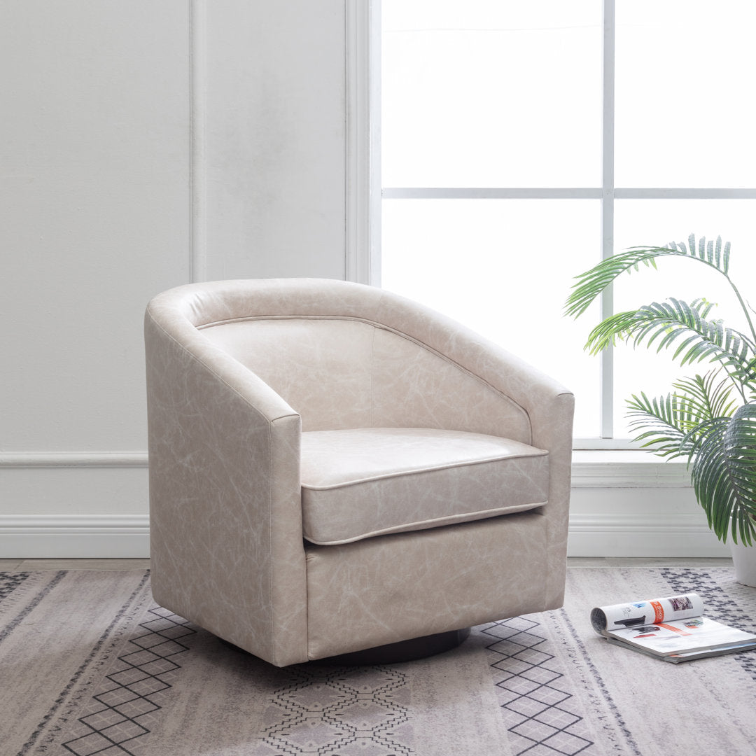 Kiersten 28.7" Wide Vegan Leather Swivel Barrel Chair Sand & Stable™ Leather Type: Distressed Cream Faux Leather