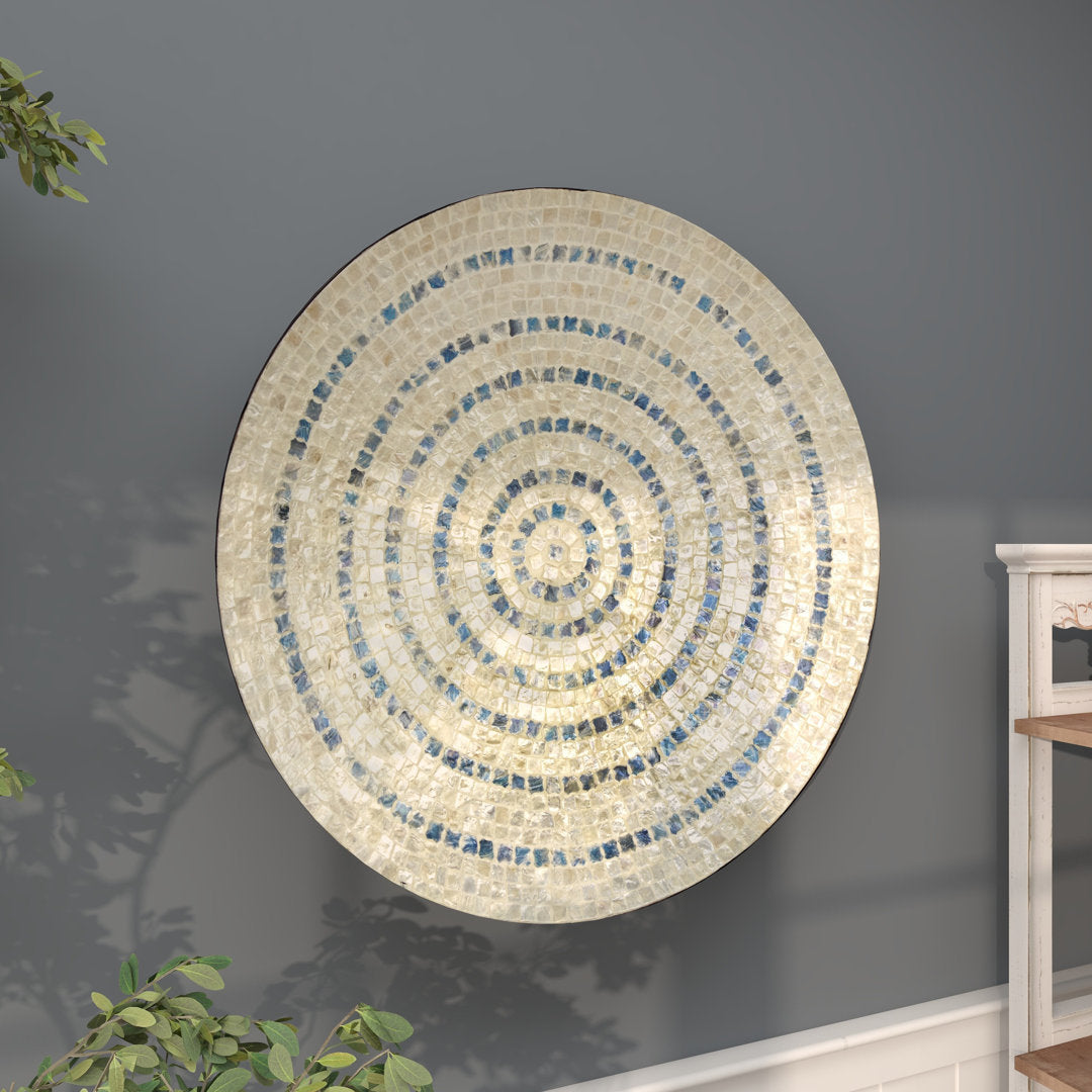 Mother of Pearl Shell Handmade Mosaic Plate Home Wall Decor with Blue Accents Dakota Fields