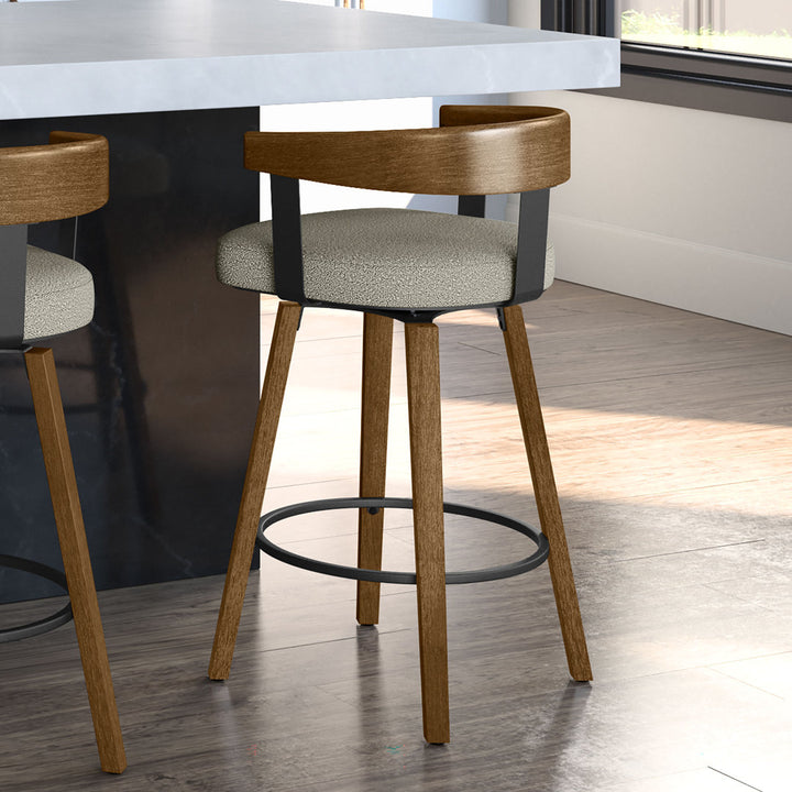 Calvion Swivel Counter & Bar Stool with Wooden Backrest Wade Logan® Upholstery: Light Beige/Gray Bouclé, Seat Height: Bar Stool (30.25" Seat Height)