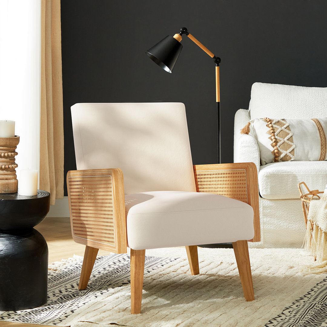 Mayenne Upholstered Accent Chair with Rattan Arms Lark Manor™ Fabric: Beige Velvet