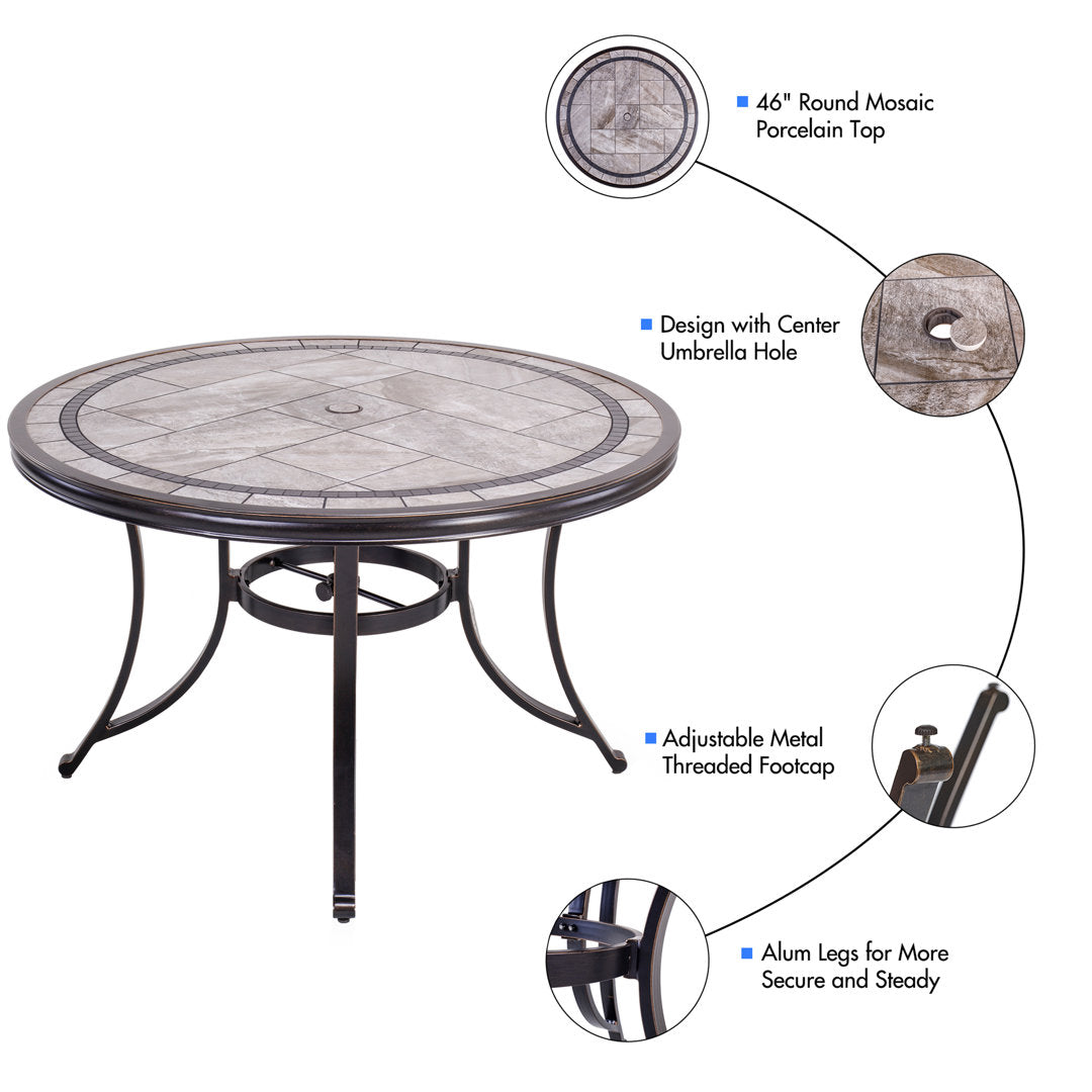 46" Round Patio Table With Handmade Porcelain Top And Heavy Duty Frame Fleur De Lis Living