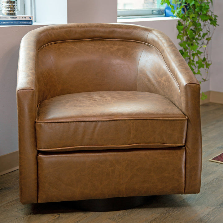 Kiersten 28.7" Wide Vegan Leather Swivel Barrel Chair Sand & Stable™ Leather Type: Walnut Faux Leather