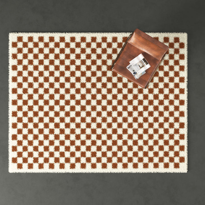 Walker Checkered Burnt Orange/Cream Shag Area Rug AllModern Rug Size: Rectangle 8'9" x 12'