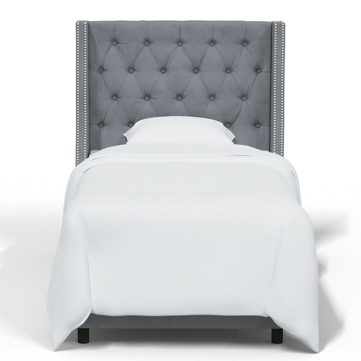 Annabel Upholstered Wingback Bed Kelly Clarkson Home Size: Twin Body Fabric: Classic Steel Gray Performance Velvet