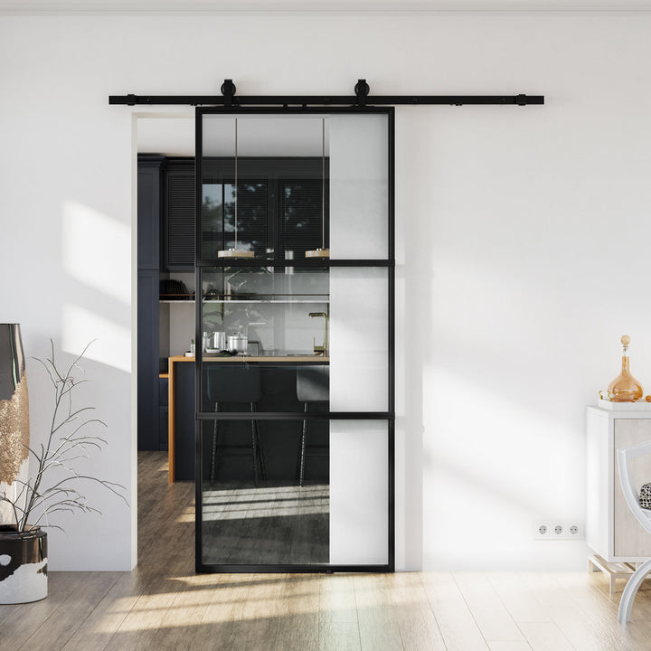 Metal and Glass Sliding Barn Door with Installation Hardware Kit ( Soft-close Included) LDB_BUILDING Size: 26" x 84" Finish: Clear