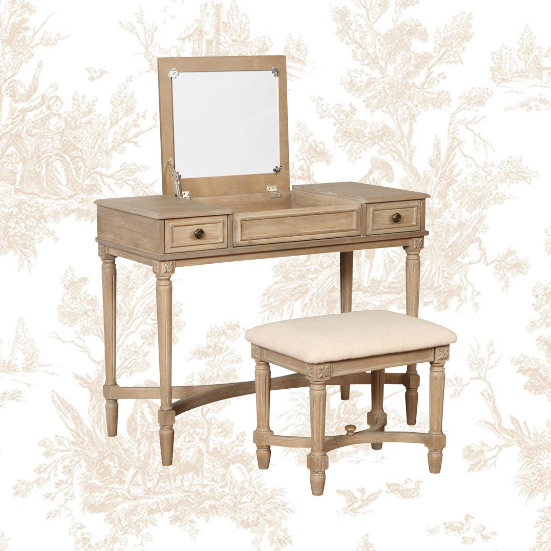 June Natural Two Drawer Flip Top Vanity Set with Stool Kelly Clarkson Home