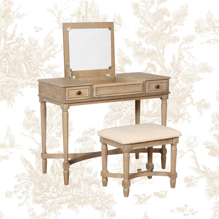 June Natural Two Drawer Flip Top Vanity Set with Stool Kelly Clarkson Home