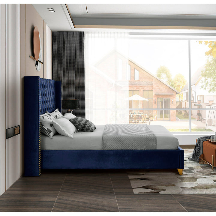Joclynn Solid Wood Tufted Upholstered Low Profile Platform Bed Everly Quinn Color: Navy Velvet Size: Full Nailhead Finish: Gold
