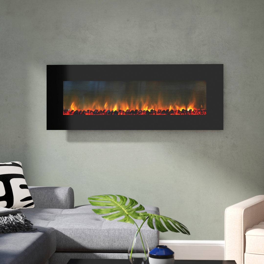 Quevedo Electric Fireplace - 54 Inch No Heat Wall Mounted Fireplace with LED Flames, Remote, Timer, and Adjustable Brightness(Black) Orren Ellis