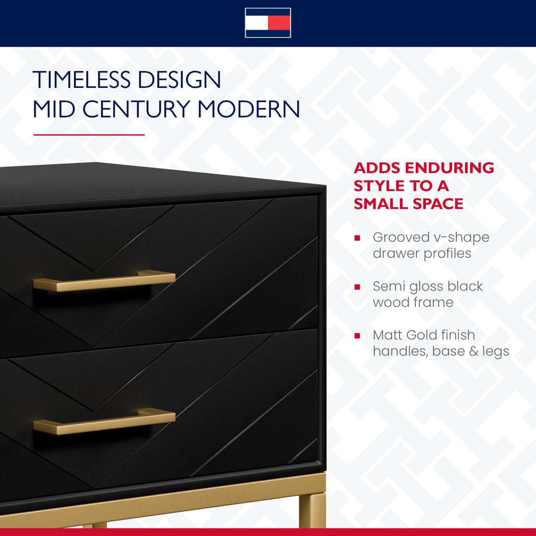 Tommy Hilfiger Ellias Modern Side Table Nightstand with 2 Drawers, Semi Gloss Black & Matte Gold Tommy Hilfiger