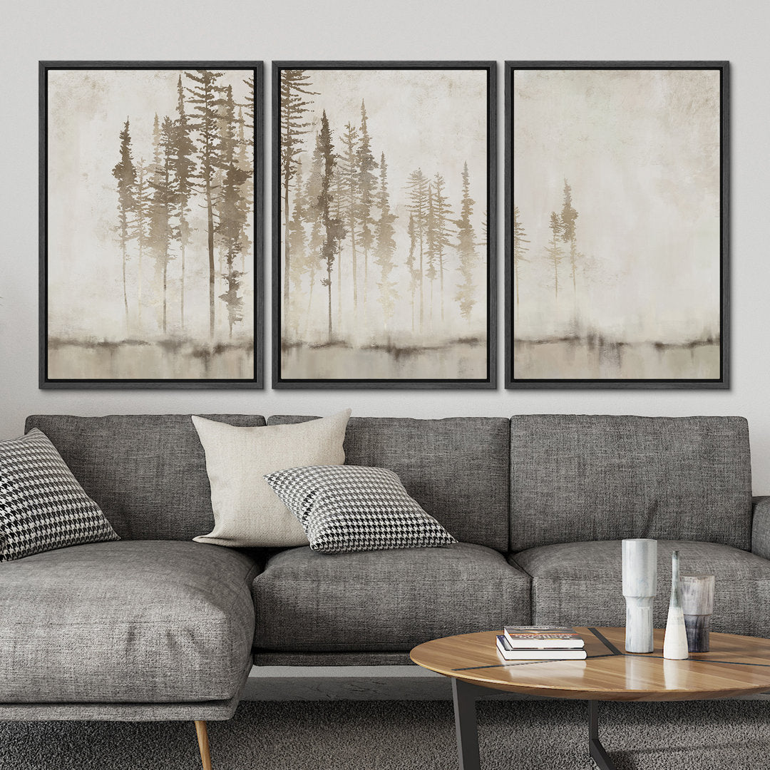 Pastel Abstract Tree Subtle Neutral Modern Rustic Home Decor - Framed Canvas Print Wall Art Work SIGNLEADER Size: 24" H x 48" W Format: Black Framed