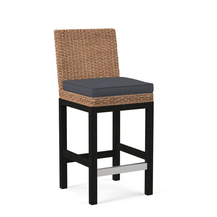 Seagrass Top Counter Stool Braxton Culler Leg Color: Antique Black Finish Body Fabric: Blue and Gray and Beige Stripe; 0229-66