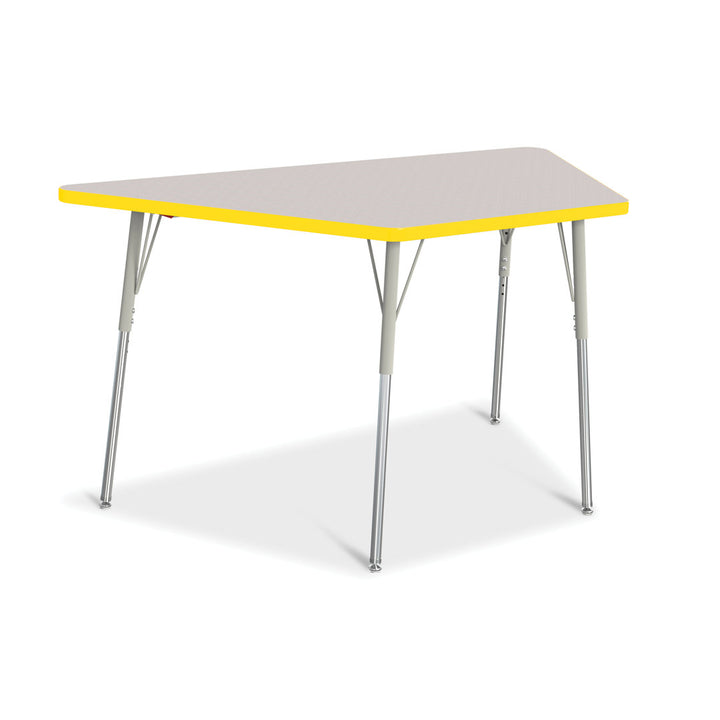 Berries® Trapezoid Activity Tables Jonti-Craft Size: 30" W x 60" D (Adult size: 24" - 31" H) Side Finish: Freckled Gray with Yellow Rainbow Accent