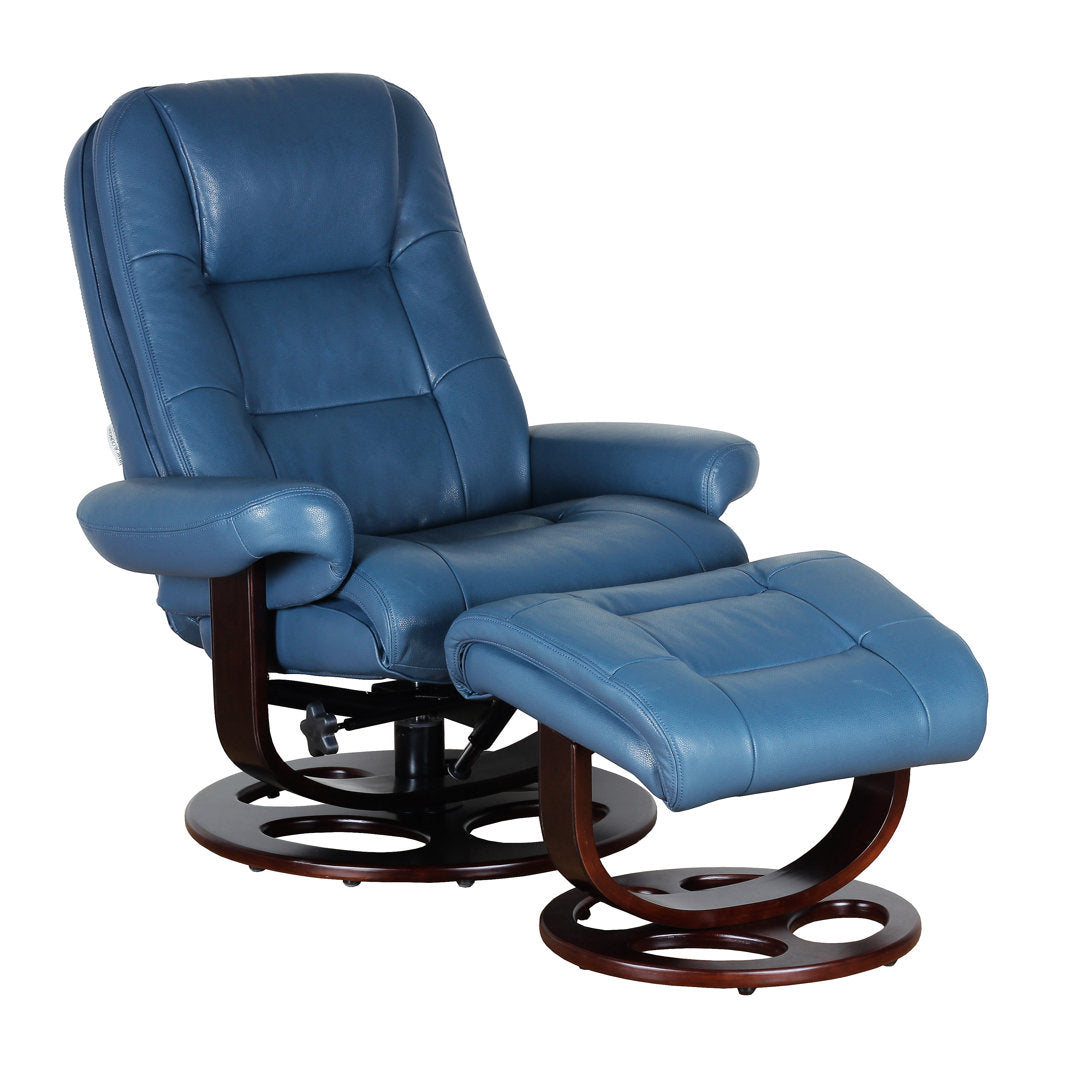 Majeda Manual Swivel Recliner With Ottoman Hokku Designs Body Fabric: Roman Blue Leather Match