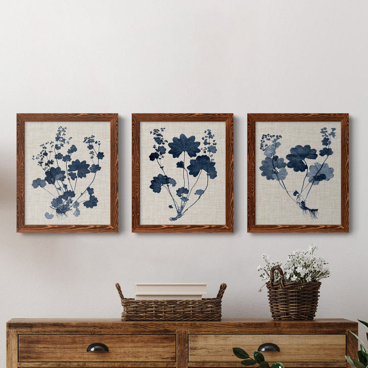 Navy and Linen Leaves II - 3 Piece Picture Frame Painting Set on Canvas Red Barrel Studio® Frame Color: Maple Size: 24" H x 36" W x 1.5" D