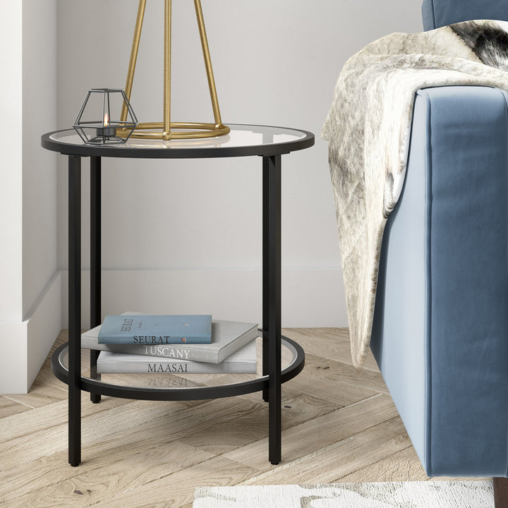 Ceno Glass End Table with Storage Wade Logan® Table Base Color: Blackened Bronze