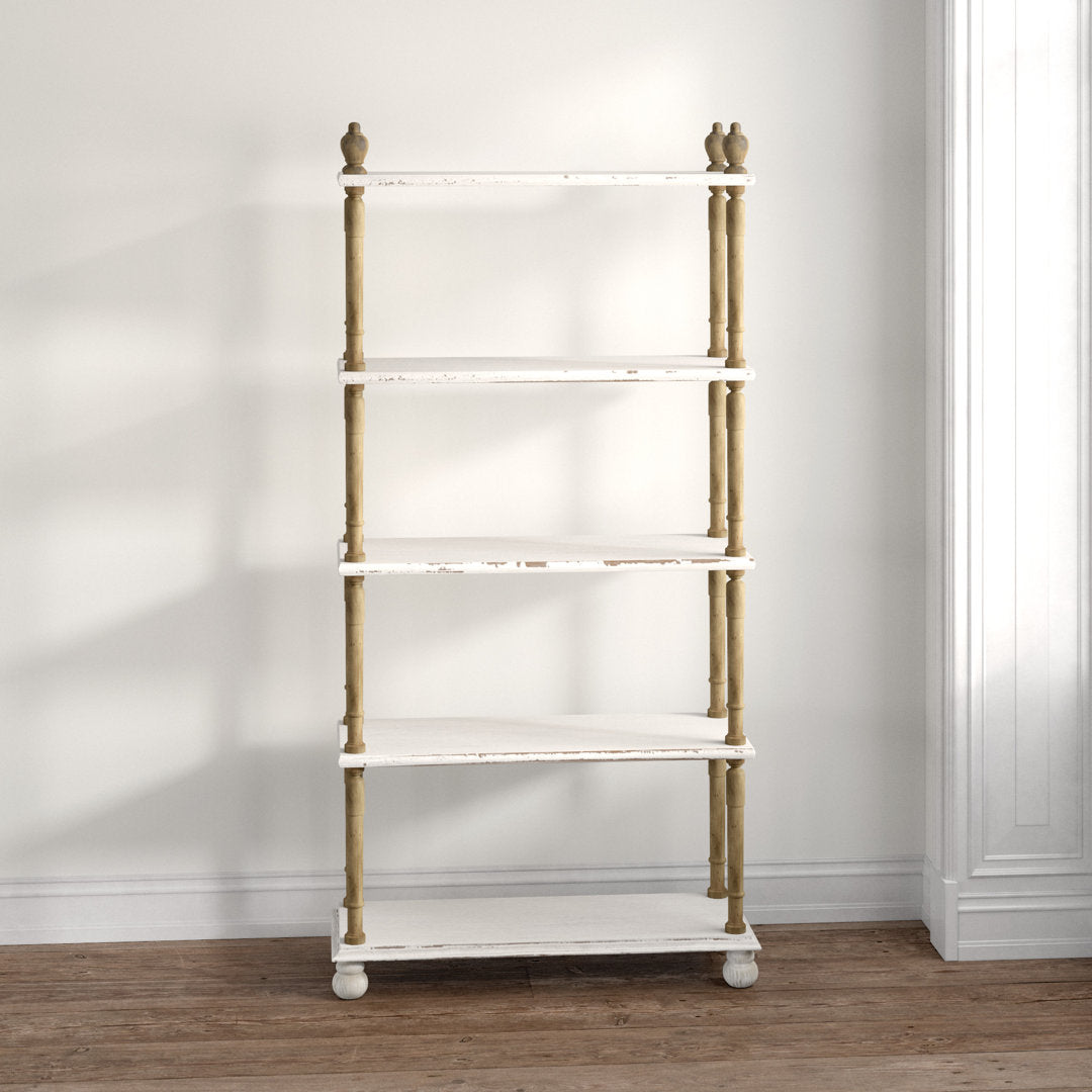 Elodie White Wood Distressed Open 5 Shelf Shelving Unit with Brown Spindle Sides and Ball Feet Kelly Clarkson Home