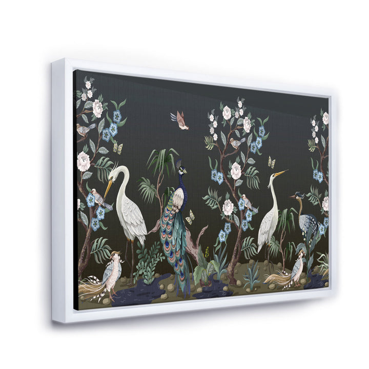 Chinoiserie with Birds and Peonies IV - Painting on Canvas East Urban Home Size: 12" H x 20" W x 1" D Format: White Floater Frame