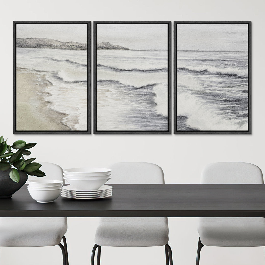 Coastal Beach Ocean Waves Muted Relax Calm Seascape Home Decor - Framed Canvas Print Wall Art Work SIGNLEADER Size: 24" H x 48" W x 1.5" D Format: Black Framed