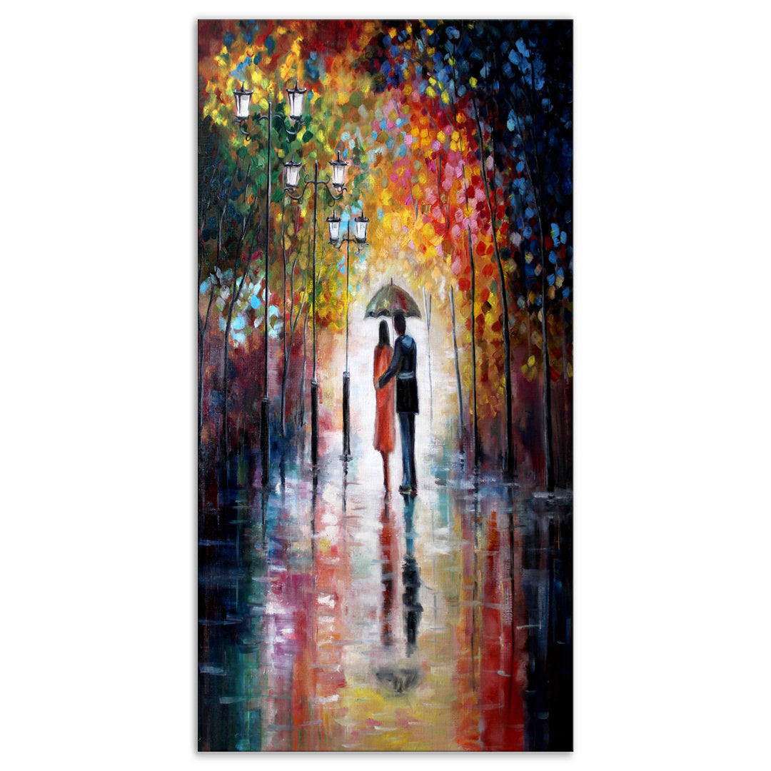 Lovers Under Umbrella - Graphic Art Print on Canvas East Urban Home Size: 32" H x 16" W x 1" D
