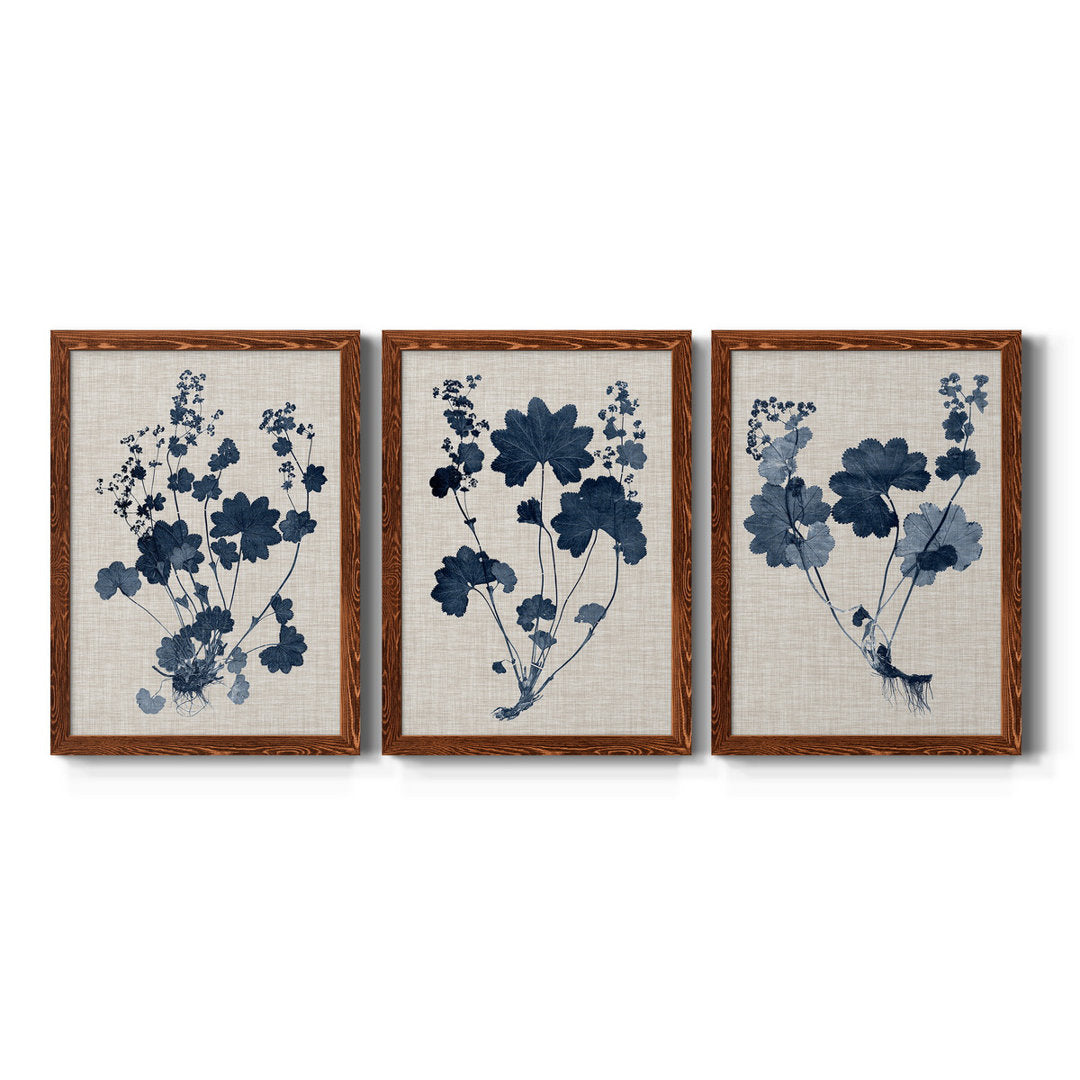 Navy and Linen Leaves II - 3 Piece Picture Frame Painting Set on Canvas Red Barrel Studio® Frame Color: Maple Size: 24" H x 36" W x 1.5" D