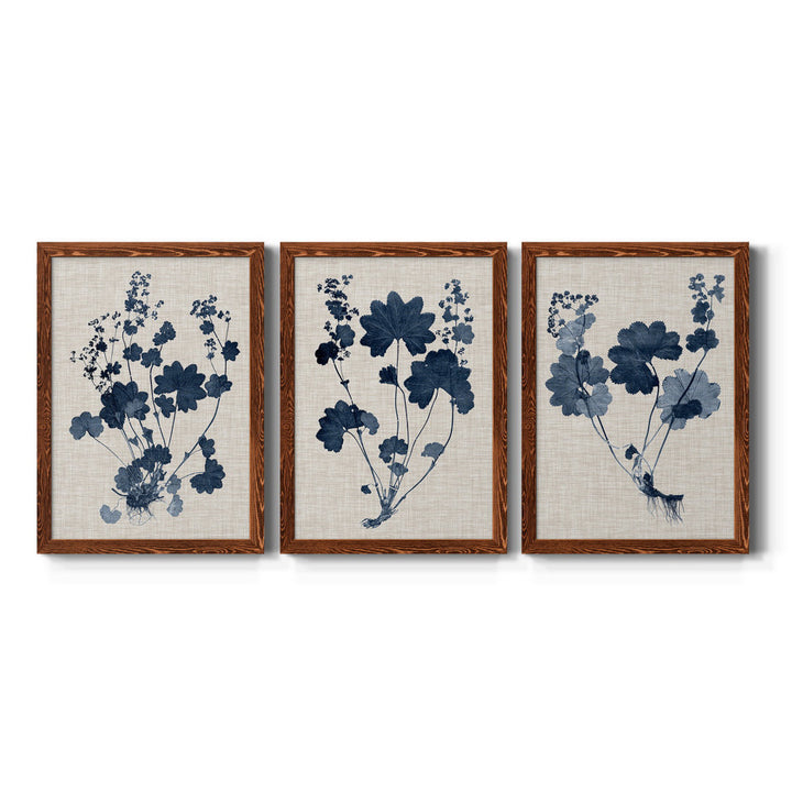 Navy and Linen Leaves II - 3 Piece Picture Frame Painting Set on Canvas Red Barrel Studio® Frame Color: Maple Size: 24" H x 36" W x 1.5" D