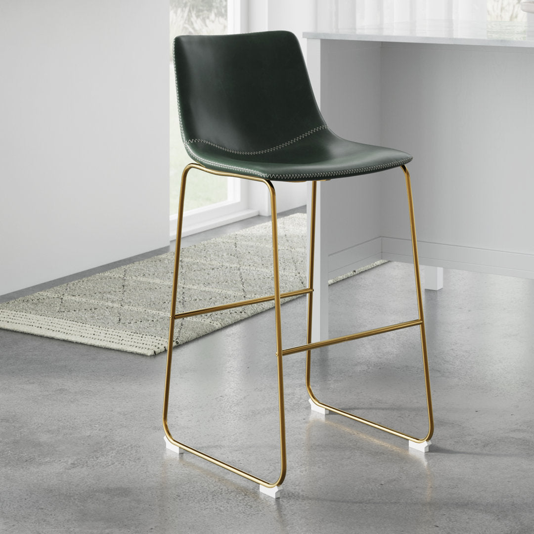 Nia Vegan Leather Bar & Counter Stool (Set of 2) AllModern Frame Color: Gold Upholstery: Green Vegan Leather, Seat Height: Bar Stool (29" Seat Height)