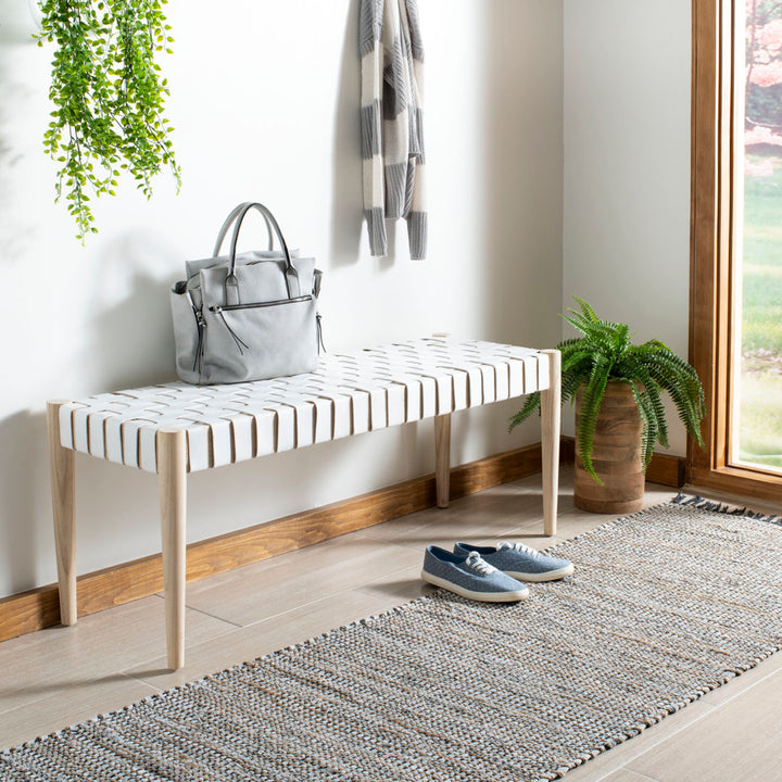 Orin 47" Woven Leather Bench AllModern Color: Light Oak Frame/Off-White Leather