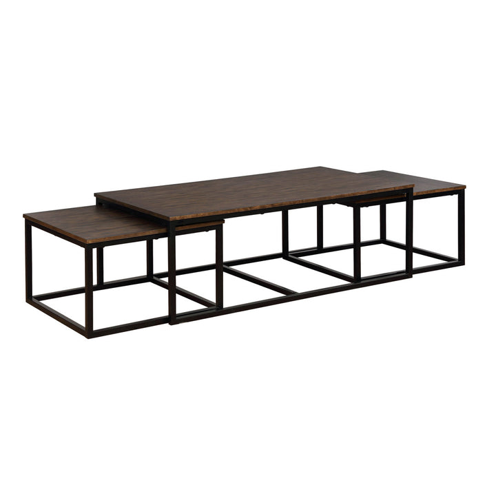 Kersh Arcadia Acacia Wood Nesting Coffee Table Set, 54-Inch, Antiqued Mocha Finish, Industrial Style with Metal Sled Legs, Space-Saving Design, Ideal for Entertaining and Daily Use Laurel Foundry Modern Farmhouse®