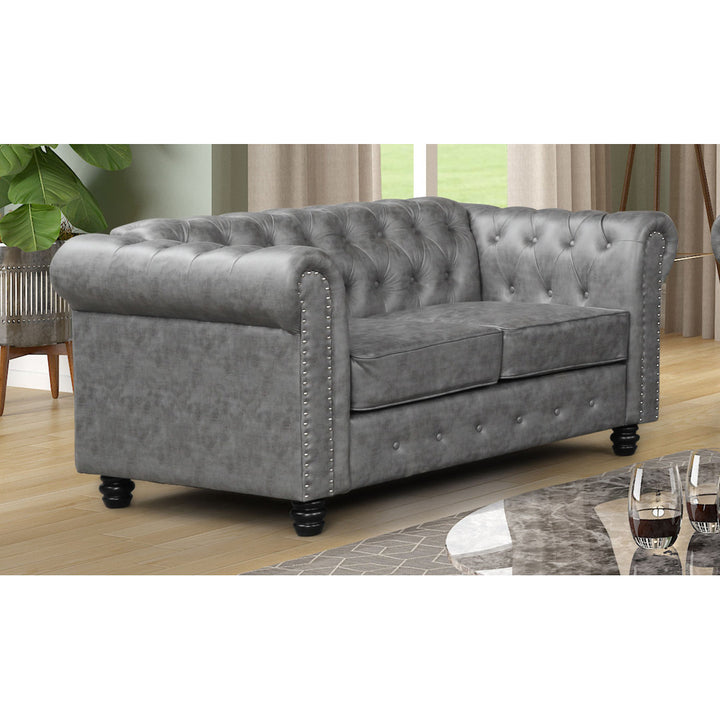Provence 61" Rolled Arm Chesterfield Loveseat Kelly Clarkson Home Upholstery Color: Gray Leather like Fabric