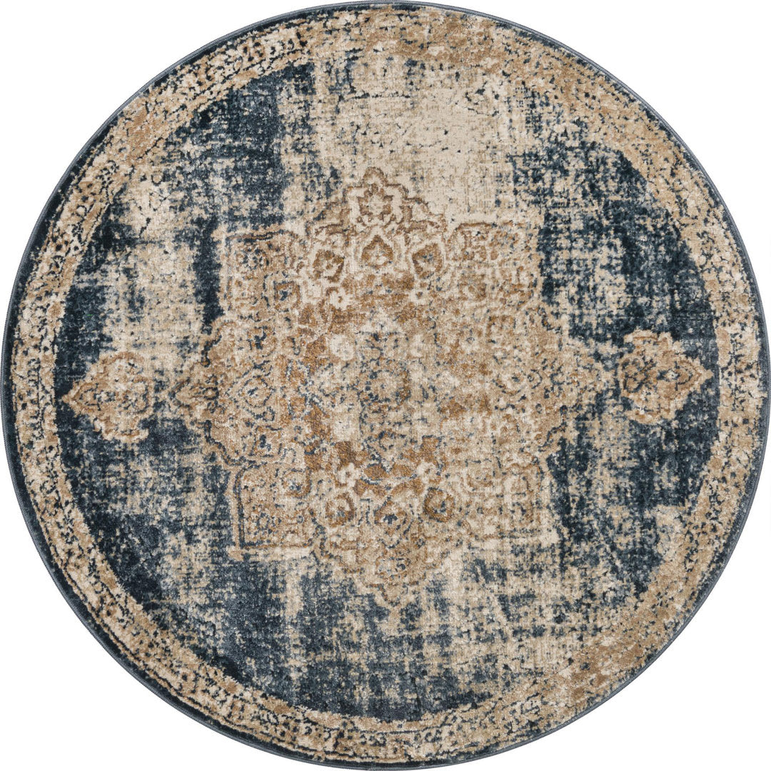 Arloa Oriental Beige/Navy Blue Area Rug Lark Manor™ Rug Size: Round 3'3"
