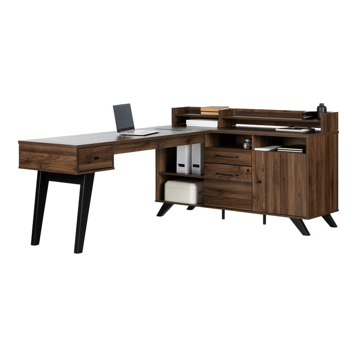 Helsy L-Shaped Desk with Power Bar and Removable Hutch Natural Walnut Mercury Row® Color: Natural Walnut