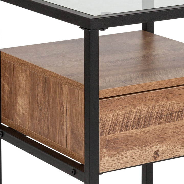 Riaan Glass End Table with Drawer and Shelf in Rustic Wood Grain Finish Union Rustic