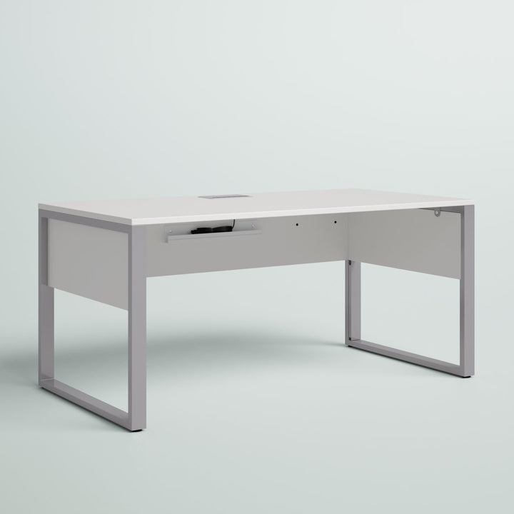 Maysey Desk with Built in Outlets Inbox Zero Color (Top/Frame): White/Silver Size: 28.7" H x 63" W x 32" D