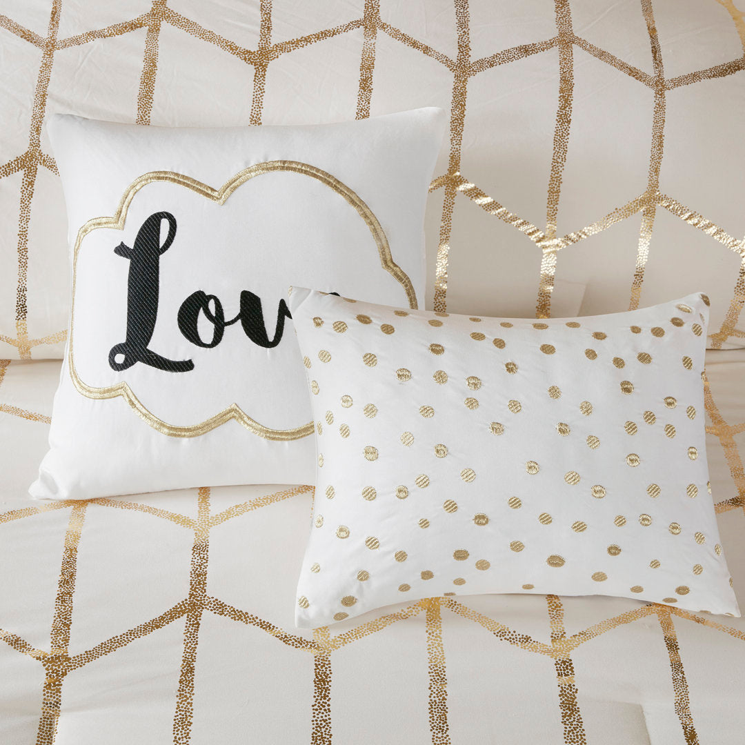 Raina Metallic Printed Comforter Set Intelligent Design Color: Ivory/Gold Size: King/Cal.King Comforter + 2 Shams + 2 Throw Pillow
