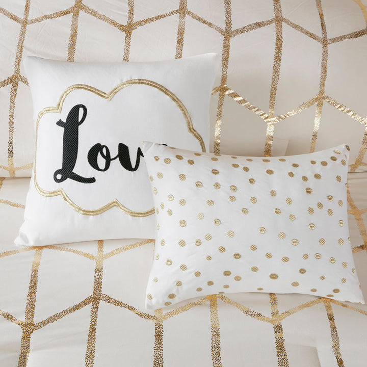Raina Metallic Printed Comforter Set Intelligent Design Color: Ivory/Gold Size: King/Cal.King Comforter + 2 Shams + 2 Throw Pillow