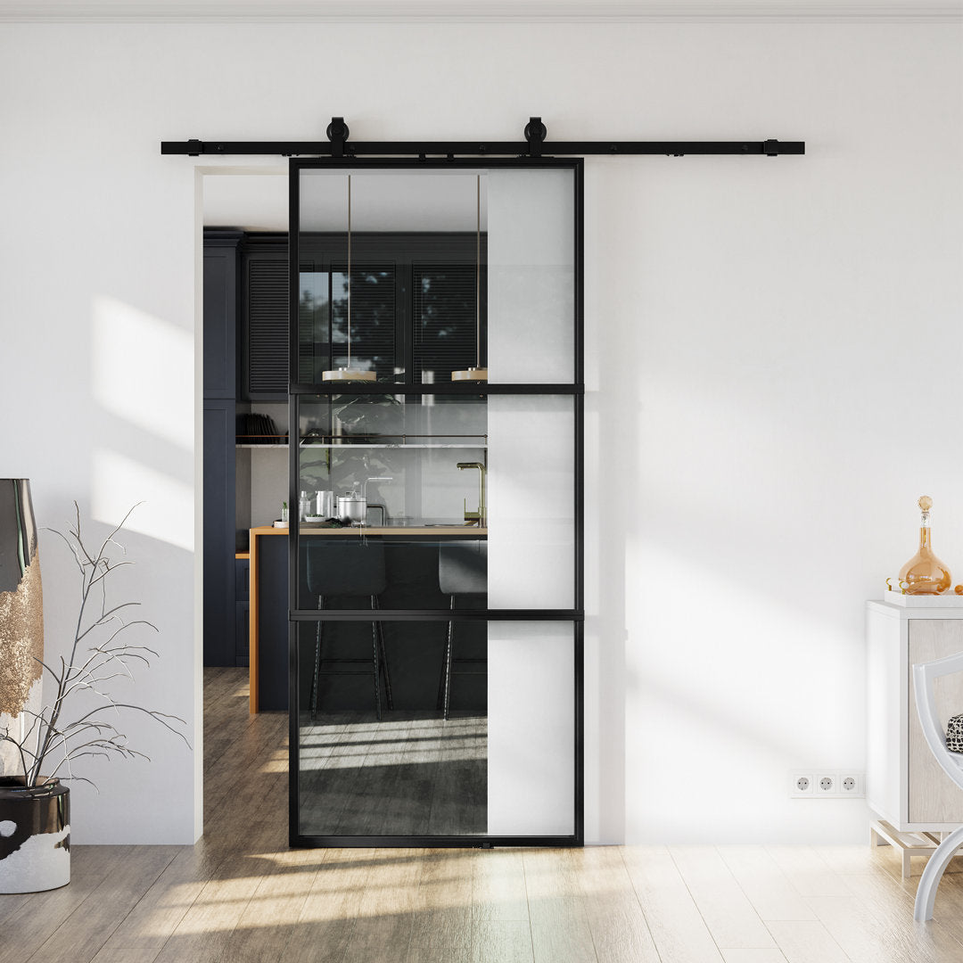 Metal and Glass Sliding Barn Door with Installation Hardware Kit ( Soft-close Included) LDB_BUILDING Size: 26" x 84" Finish: Clear